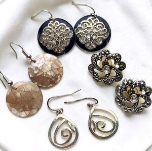 Earrings Lot 4 Pairs Mixed Styles Silver Tone Dangle Floral Mosaic Disc